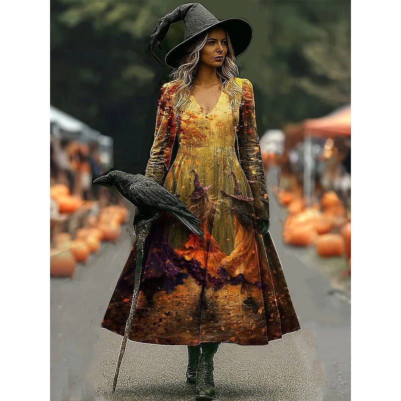 Camille | Women's Halloween Witch Print A-Line Maxi Dress, Long Sleeve Occasion Dress | Animated Apparel | Orange