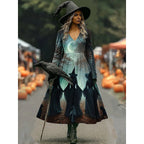 Camille | Women's Halloween Witch Print A-Line Maxi Dress, Long Sleeve Occasion Dress | Animated Apparel | Dark Blue