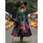 Camille | Women's Halloween Witch Print A-Line Maxi Dress, Long Sleeve Occasion Dress | Animated Apparel | Dark Green