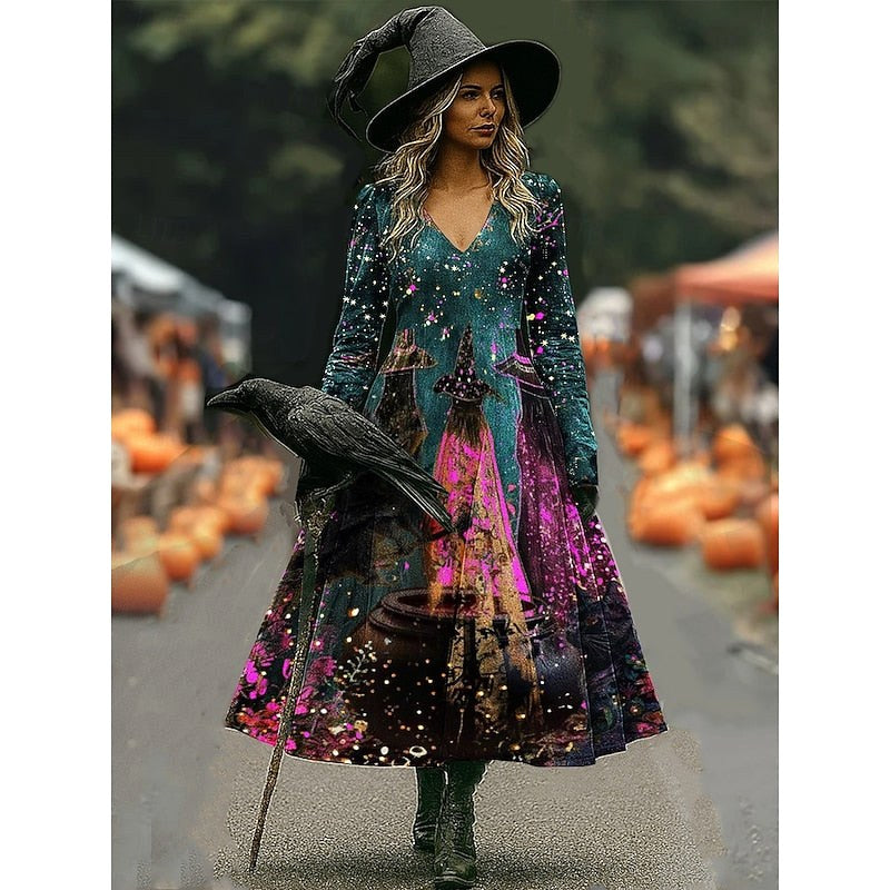 Camille | Women's Halloween Witch Print A-Line Maxi Dress, Long Sleeve Occasion Dress | Animated Apparel | Dark Green