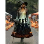 Camille | Women's Halloween Witch Print A-Line Maxi Dress, Long Sleeve Occasion Dress | Animated Apparel | Dark Grey