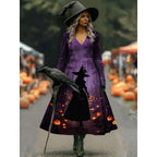 Camille | Women's Halloween Witch Print A-Line Maxi Dress, Long Sleeve Occasion Dress | Animated Apparel | Purple