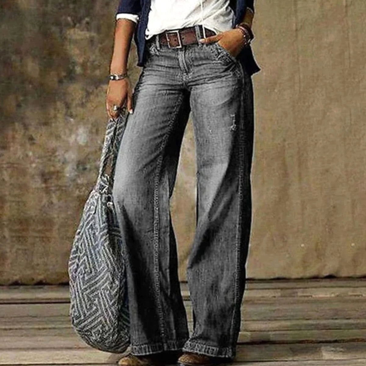 Camille | Women's High-Waist Wide-Leg Jeans, Relaxed Straight Denim Jeans | Animated Apparel | Light Grey