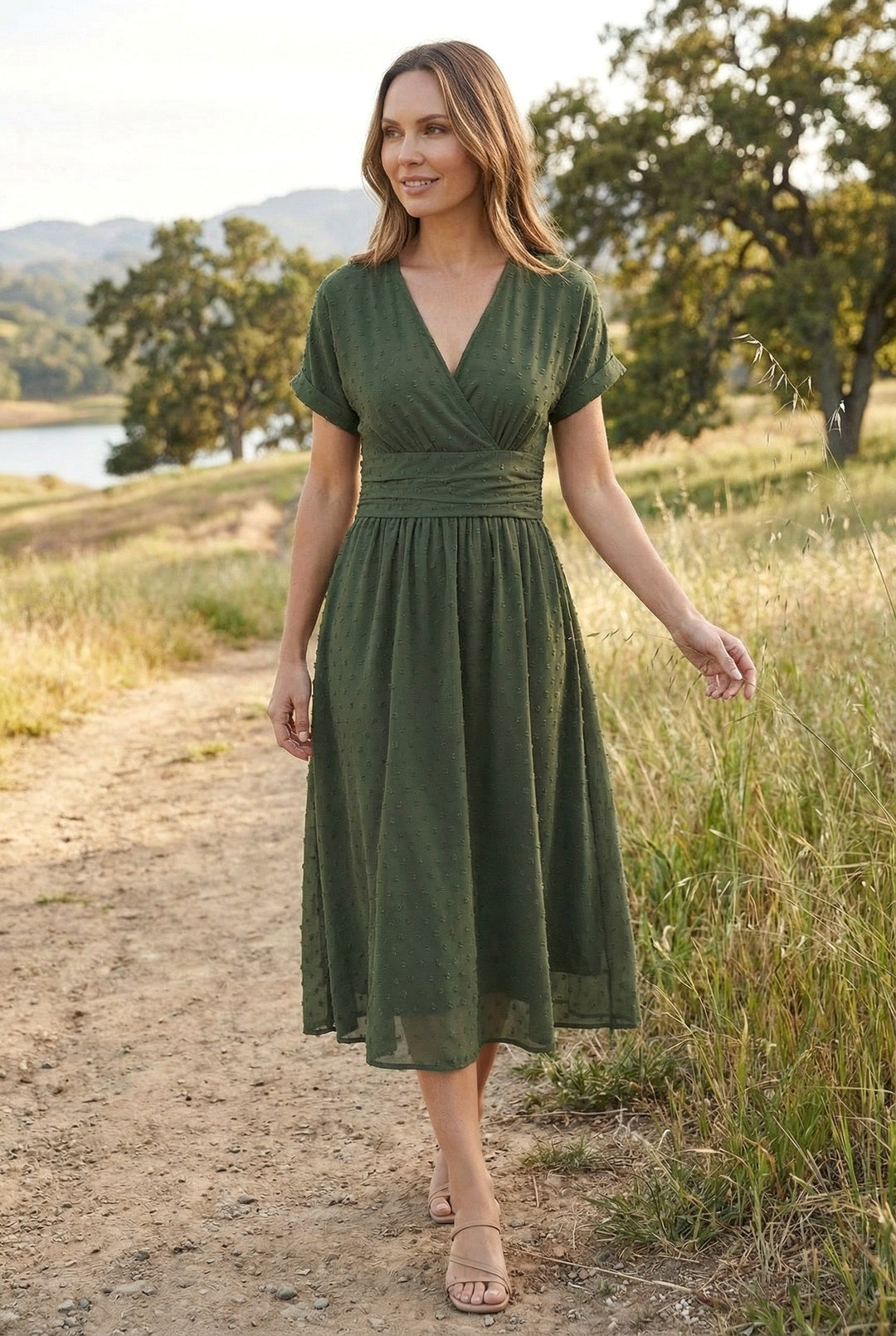 Camille | Women's V-Neck Pleated Midi Dress - image 4