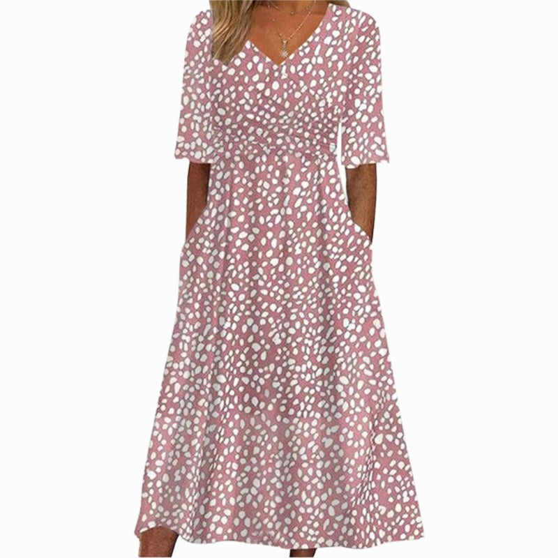 Camille | Women's V-Neck Polka Dot Midi Dress - Pink