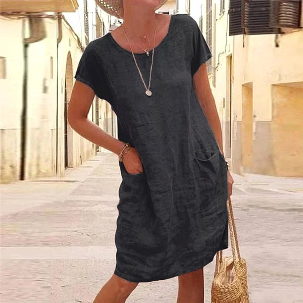 Caroline | Women's Cotton Linen Short Sleeve Midi Dress - Black