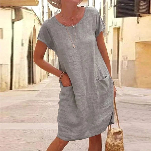 Caroline | Women's Cotton Linen Short Sleeve Midi Dress - Gray