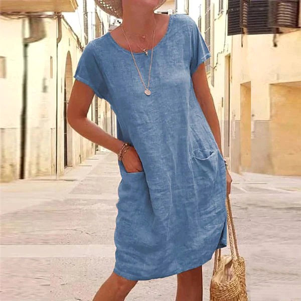 Caroline | Women's Cotton Linen Short Sleeve Midi Dress - Blue