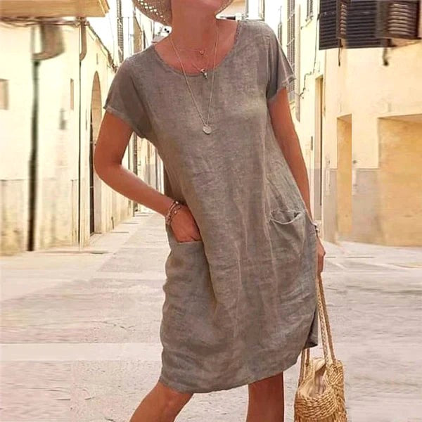 Caroline | Women's Cotton Linen Short Sleeve Midi Dress - Khaki