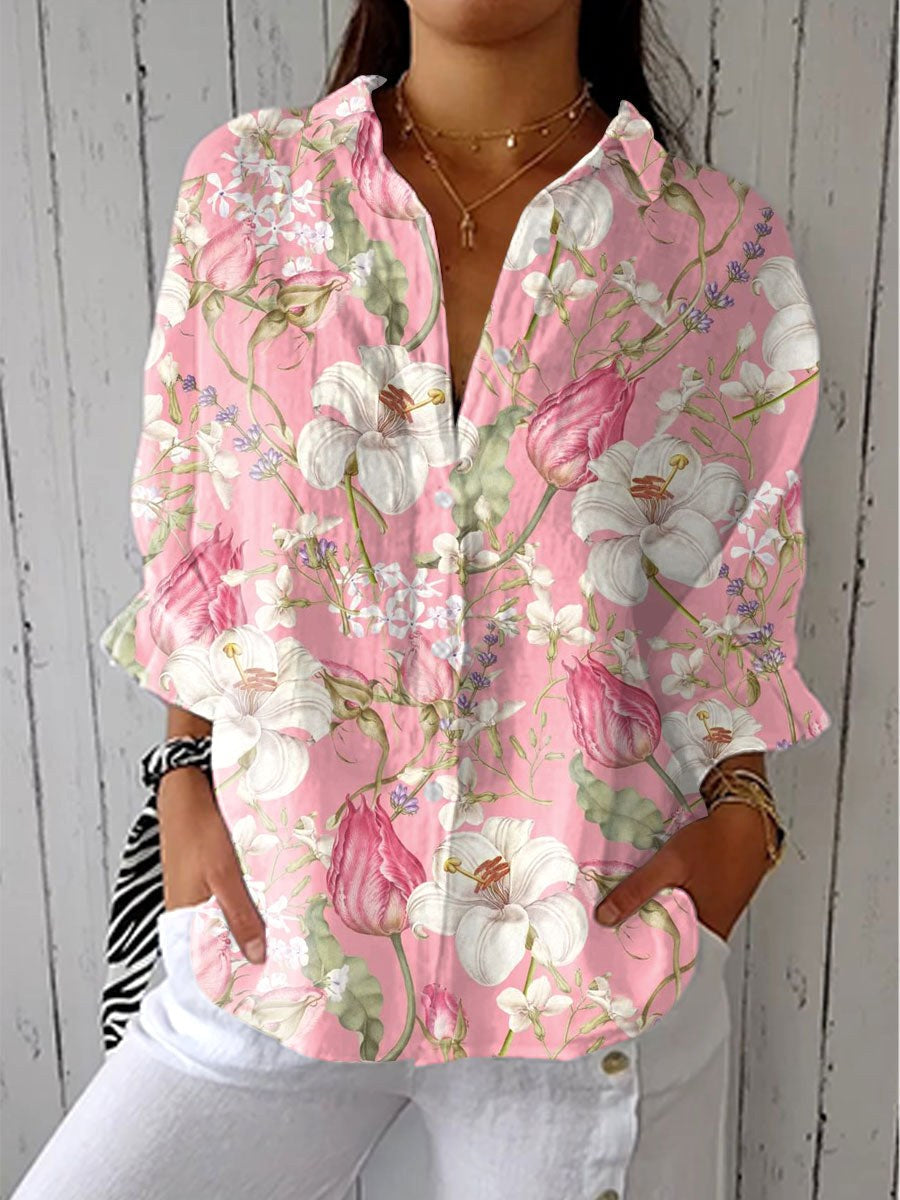 Caroline | Women's Floral Blouse with Delicate Lily Print - Multicolor