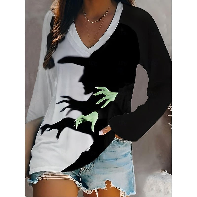 Caroline | Women's Halloween Graphic V-Neck Top, Long-Sleeve Festive Top | Animated Apparel | Dark Gray