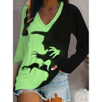 Caroline | Women's Halloween Graphic V-Neck Top, Long-Sleeve Festive Top | Animated Apparel | Green