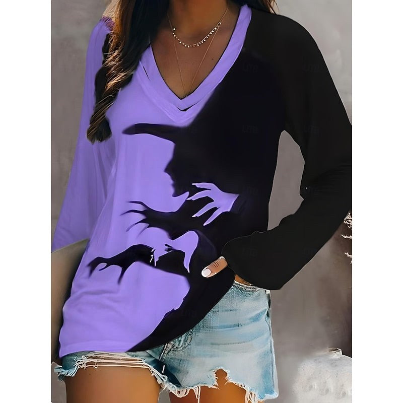 Caroline | Women's Halloween Graphic V-Neck Top, Long-Sleeve Festive Top | Animated Apparel | Purple
