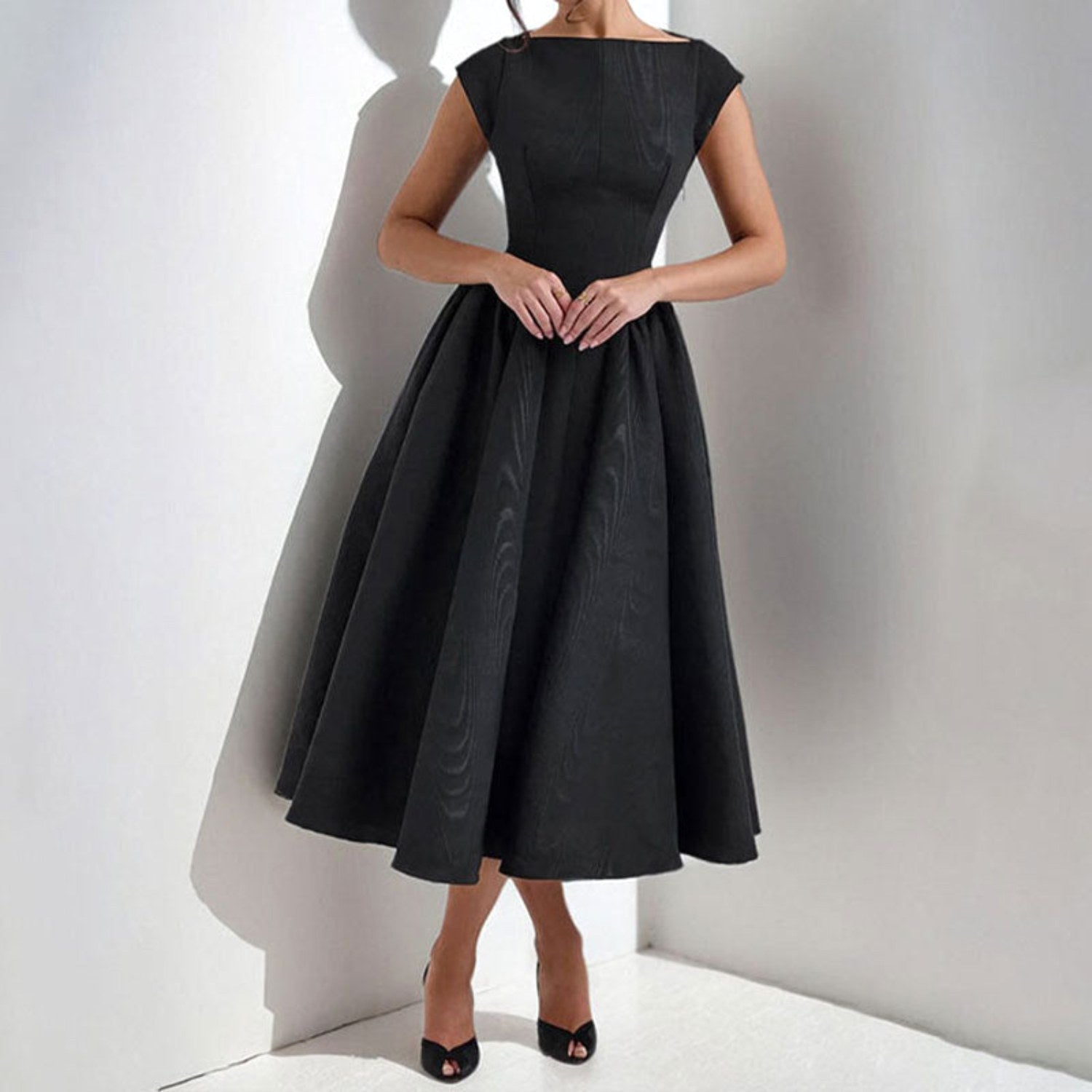 Caroline | Women's White Graduation Dress With Cap Sleeves - Black