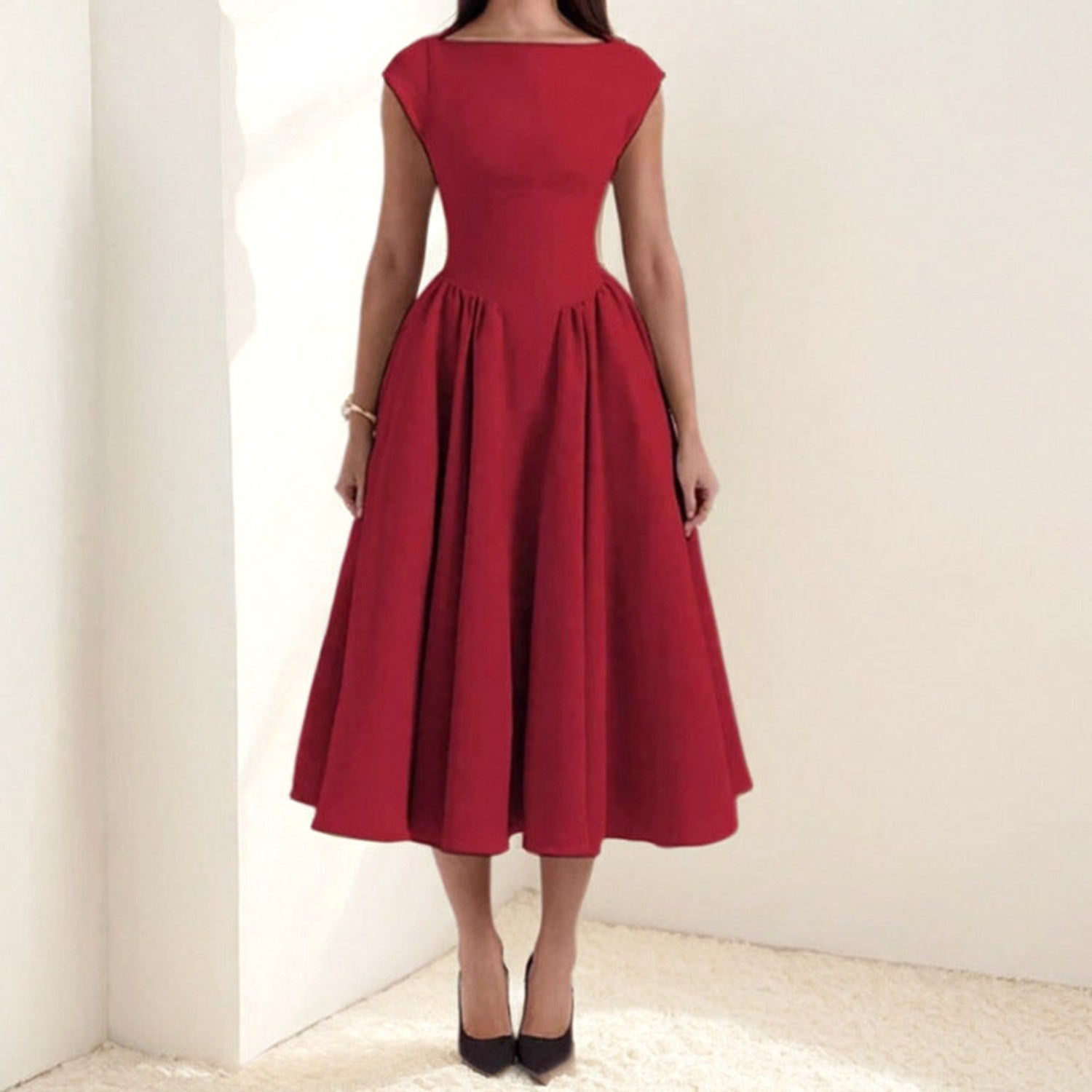 Caroline | Women's White Graduation Dress With Cap Sleeves - Red