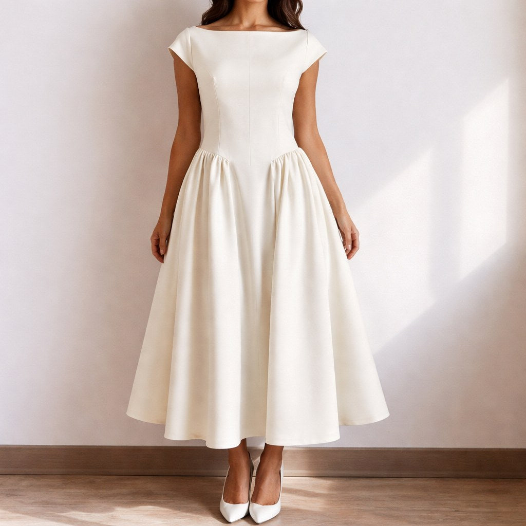 Caroline | Women's White Graduation Dress With Cap Sleeves - Beige