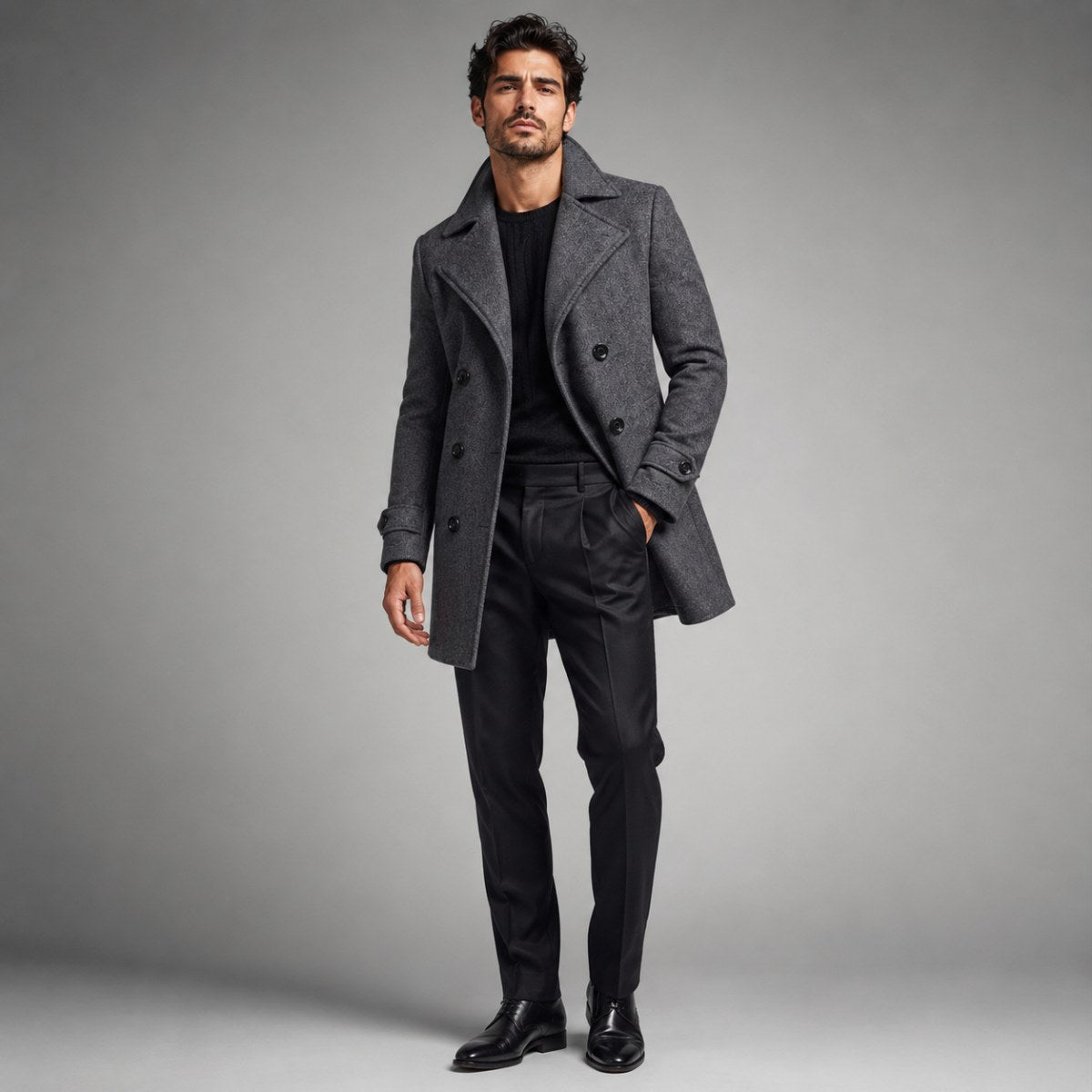 Carson | Men's Double Breasted Wool Trench Coat, Long Tailored Coat | Animated Apparel | Black
