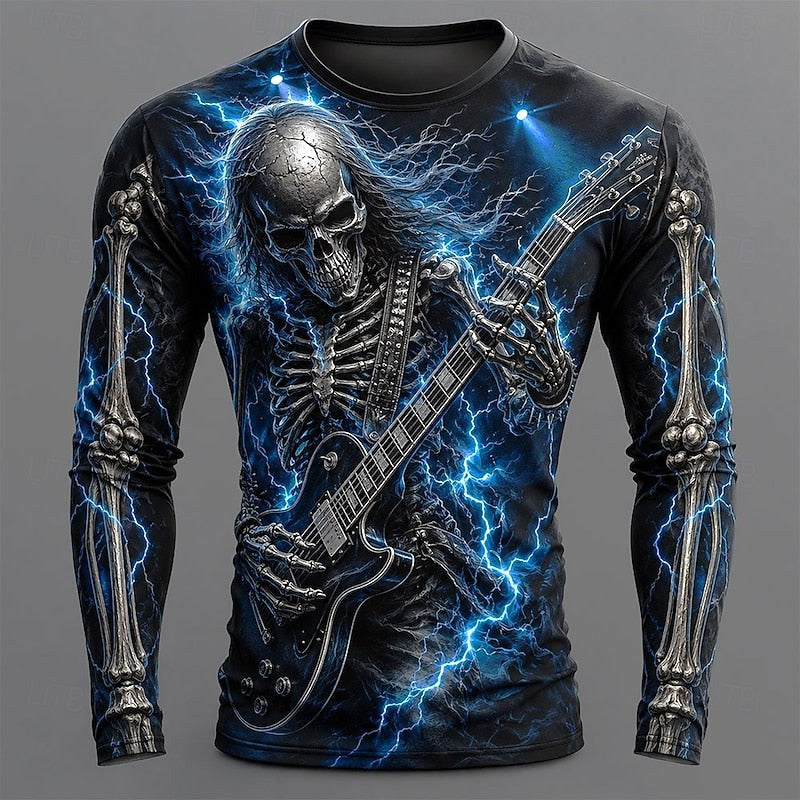 Carter | Men's Long Sleeve Graphic Shirt, Skeleton Guitar Print Shirt | Animated Apparel | Blue
