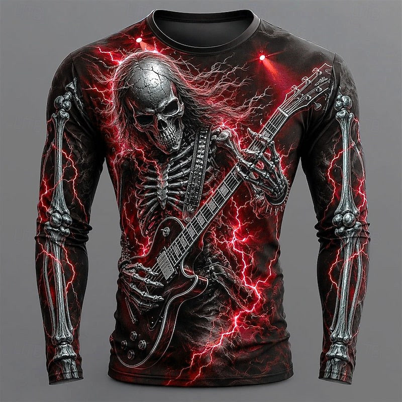 Carter | Men's Long Sleeve Graphic Shirt, Skeleton Guitar Print Shirt | Animated Apparel | Red