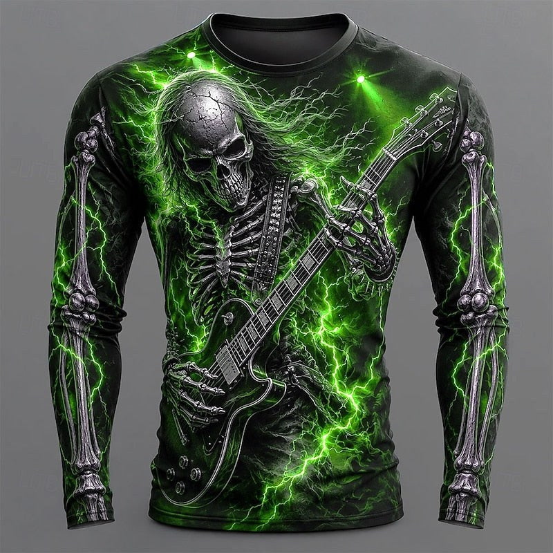 Carter | Men's Long Sleeve Graphic Shirt, Skeleton Guitar Print Shirt | Animated Apparel | Green