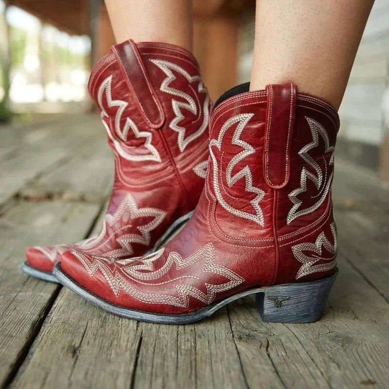 Cassidy | Women's Leather Cowgirl Boots With Western Stitching - Red