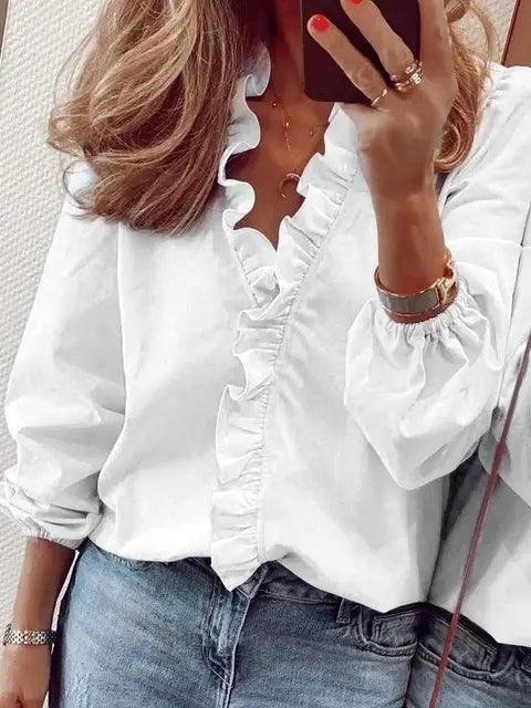 Celeste | Women's Ruffle V-Neck Blouse, Long-Sleeve Casual Blouse | Animated Apparel