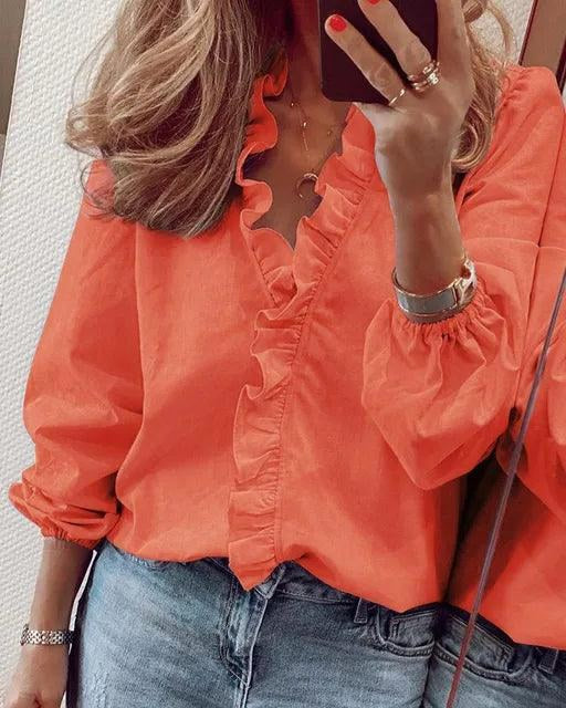 Celeste | Women's Ruffle V-Neck Blouse, Long-Sleeve Casual Blouse | Animated Apparel