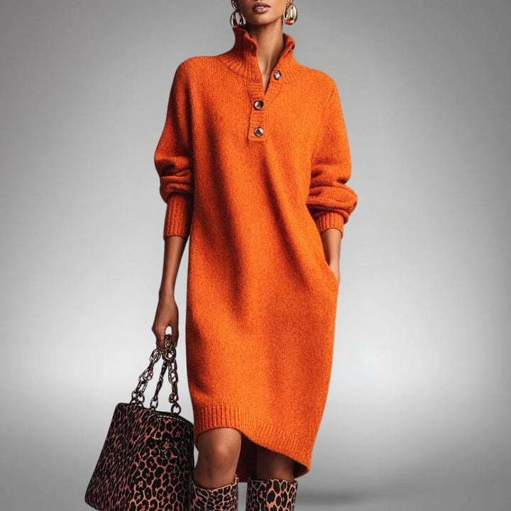 Celine | Women's Wool Mix Knit Polo Dress, Quarter-Button Midi Dress | Animated Apparel