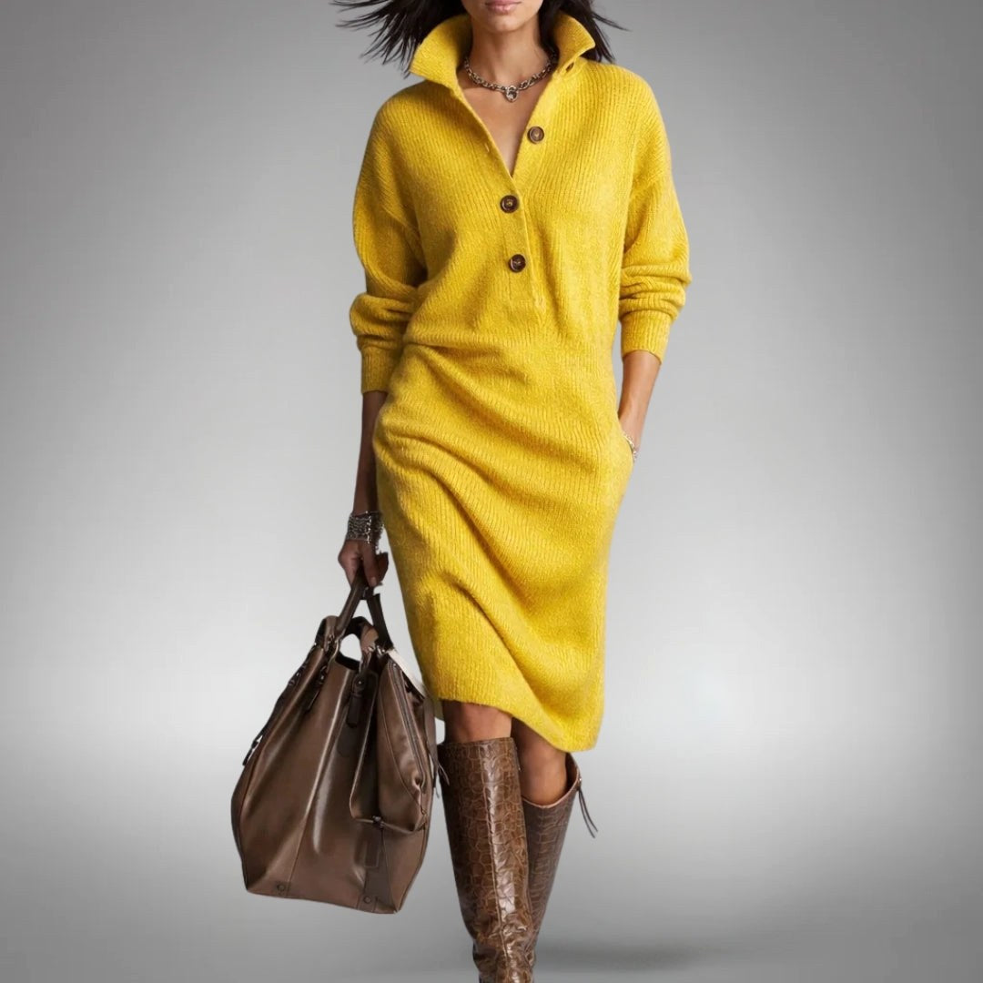 Celine | Women's Wool Mix Knit Polo Dress, Quarter-Button Midi Dress | Animated Apparel