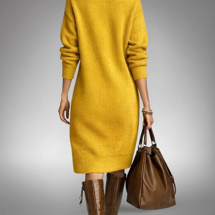 Celine | Women's Wool Mix Knit Polo Dress, Quarter-Button Midi Dress | Animated Apparel