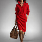 Celine | Women's Wool Mix Knit Polo Dress, Quarter-Button Midi Dress | Animated Apparel