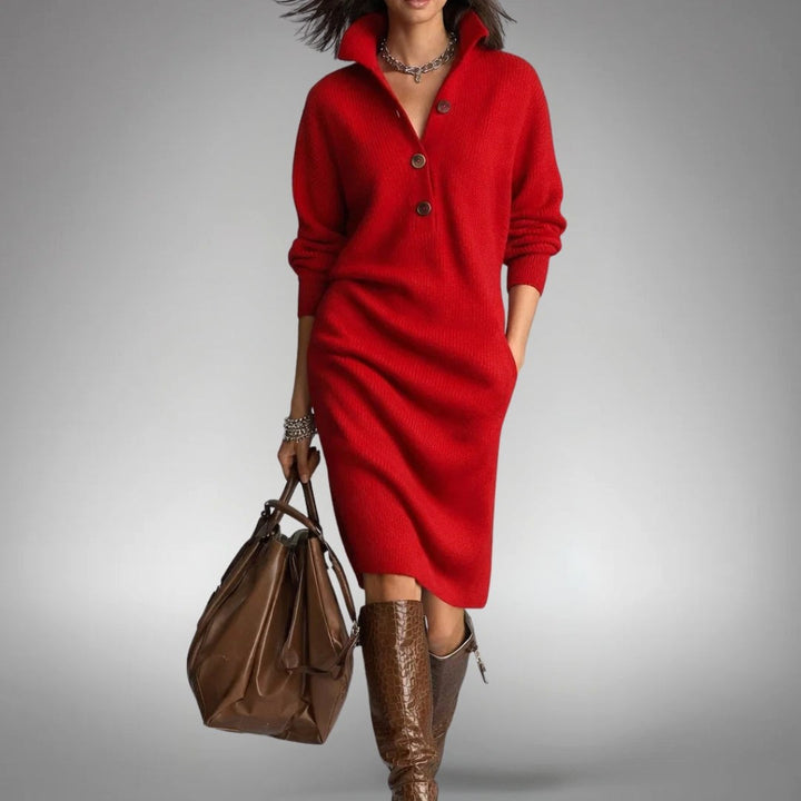 Celine | Women's Wool Mix Knit Polo Dress, Quarter-Button Midi Dress | Animated Apparel