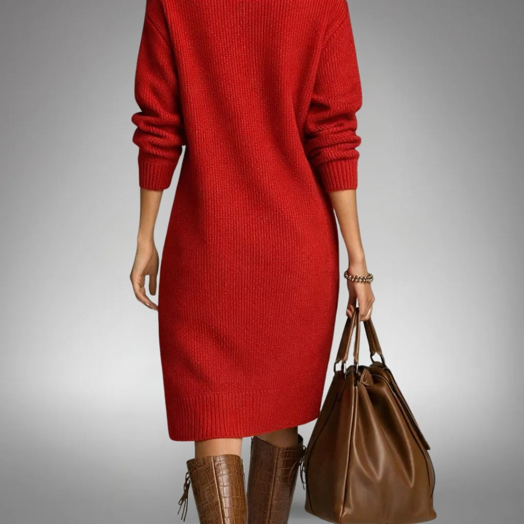 Celine | Women's Wool Mix Knit Polo Dress, Quarter-Button Midi Dress | Animated Apparel