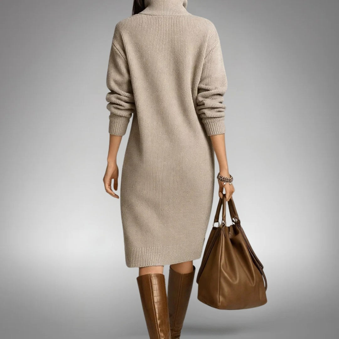 Celine | Women's Wool Mix Knit Polo Dress, Quarter-Button Midi Dress | Animated Apparel
