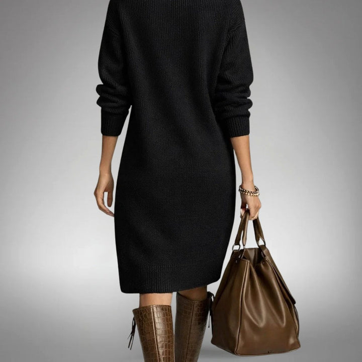 Celine | Women's Wool Mix Knit Polo Dress, Quarter-Button Midi Dress | Animated Apparel