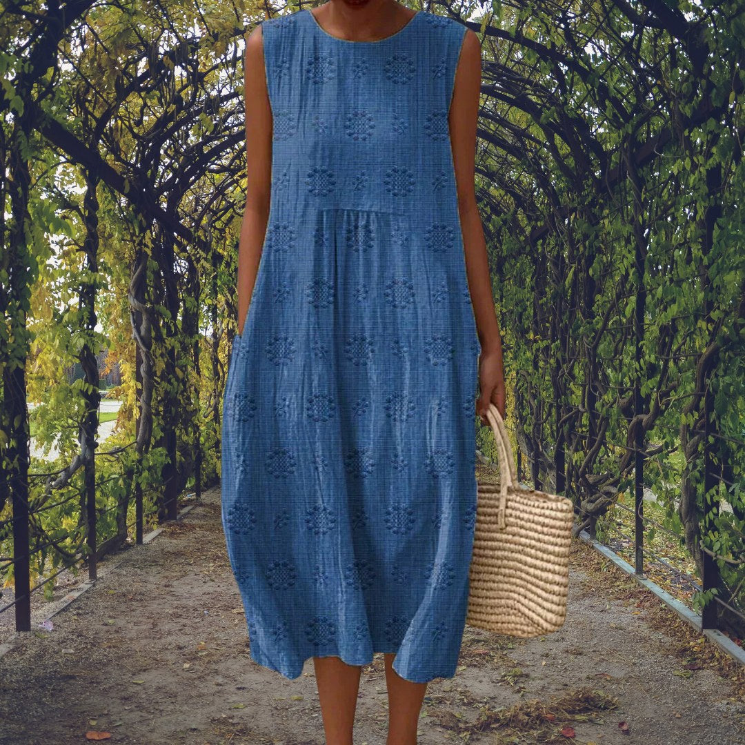 Charlotte | Women's Cotton Embroidered Sleeveless Midi Dress - Blue