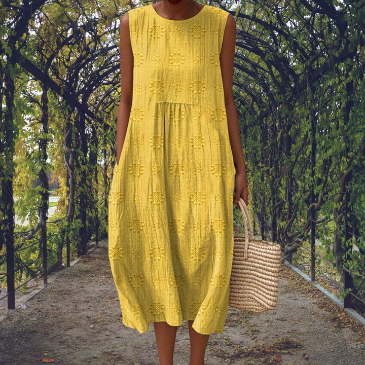 Charlotte | Women's Cotton Embroidered Sleeveless Midi Dress - Yellow
