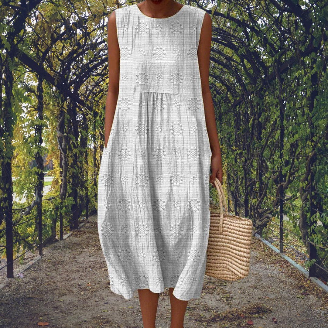 Charlotte | Women's Cotton Embroidered Sleeveless Midi Dress - White