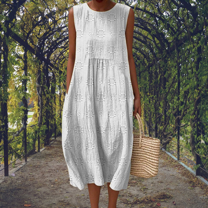Charlotte | Women's Cotton Embroidered Sleeveless Midi Dress - White