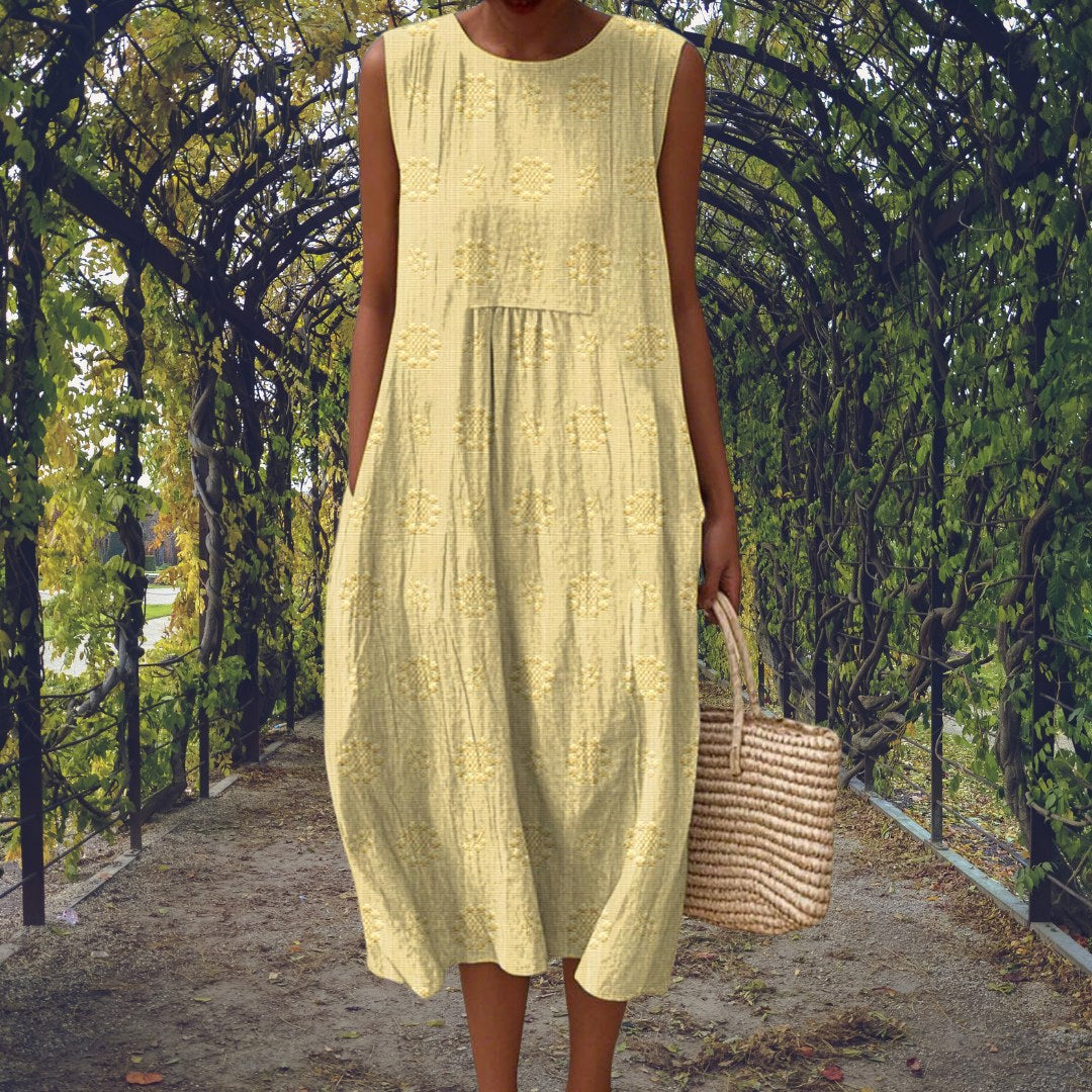 Charlotte | Women's Cotton Embroidered Sleeveless Midi Dress - Light Yellow