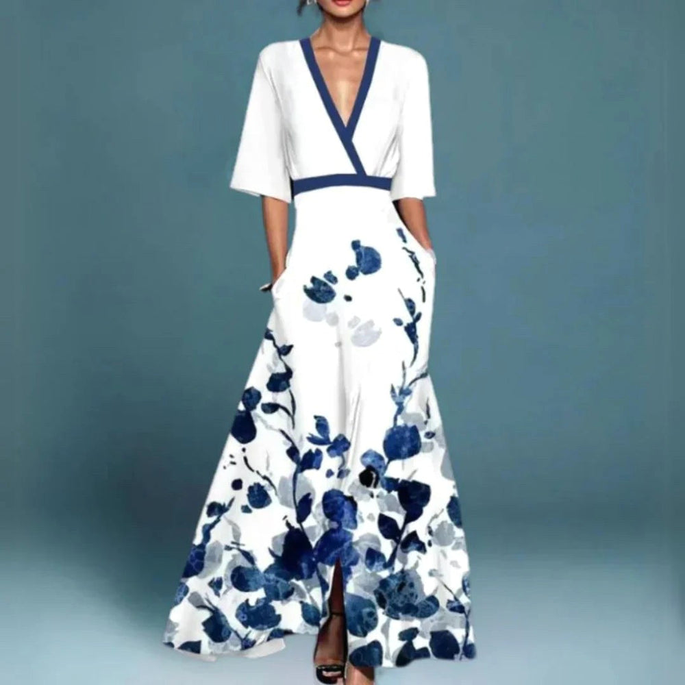 Charlotte | Women's Floral Maxi Dress with V-Neckline - White