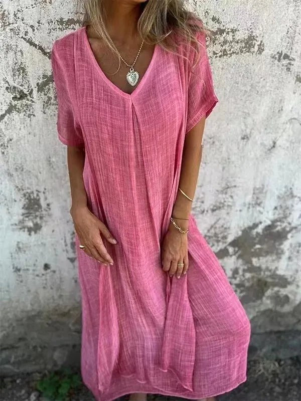Charlotte | Women's V-Neck Short Sleeve Maxi Dress - Pink