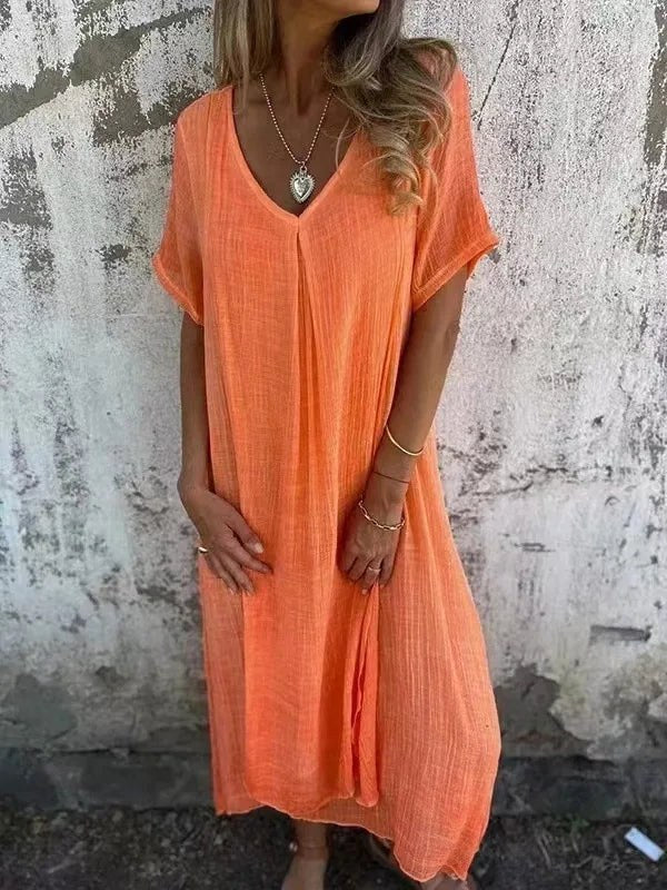 Charlotte | Women's V-Neck Short Sleeve Maxi Dress - orange red