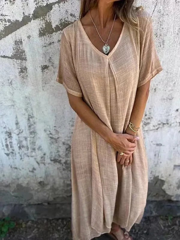 Charlotte | Women's V-Neck Short Sleeve Maxi Dress - apricot