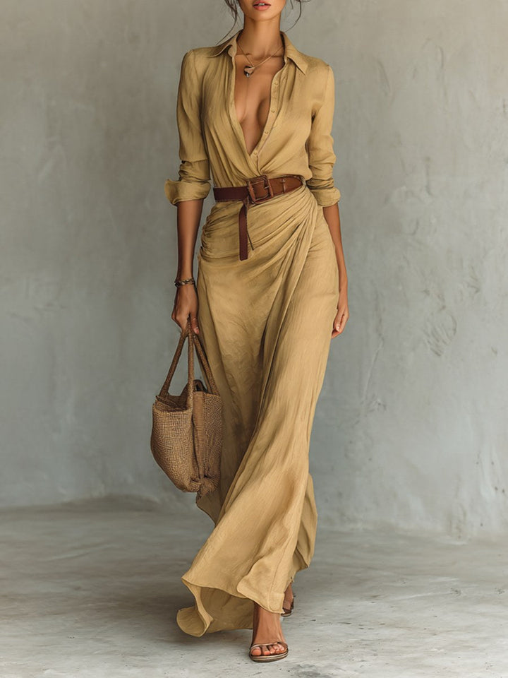 Claire | Women's Belted Long Sleeve Maxi Dress - Khaki