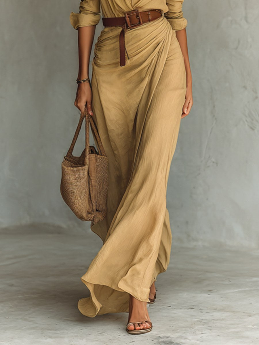Claire | Women's Belted Long Sleeve Maxi Dress - White