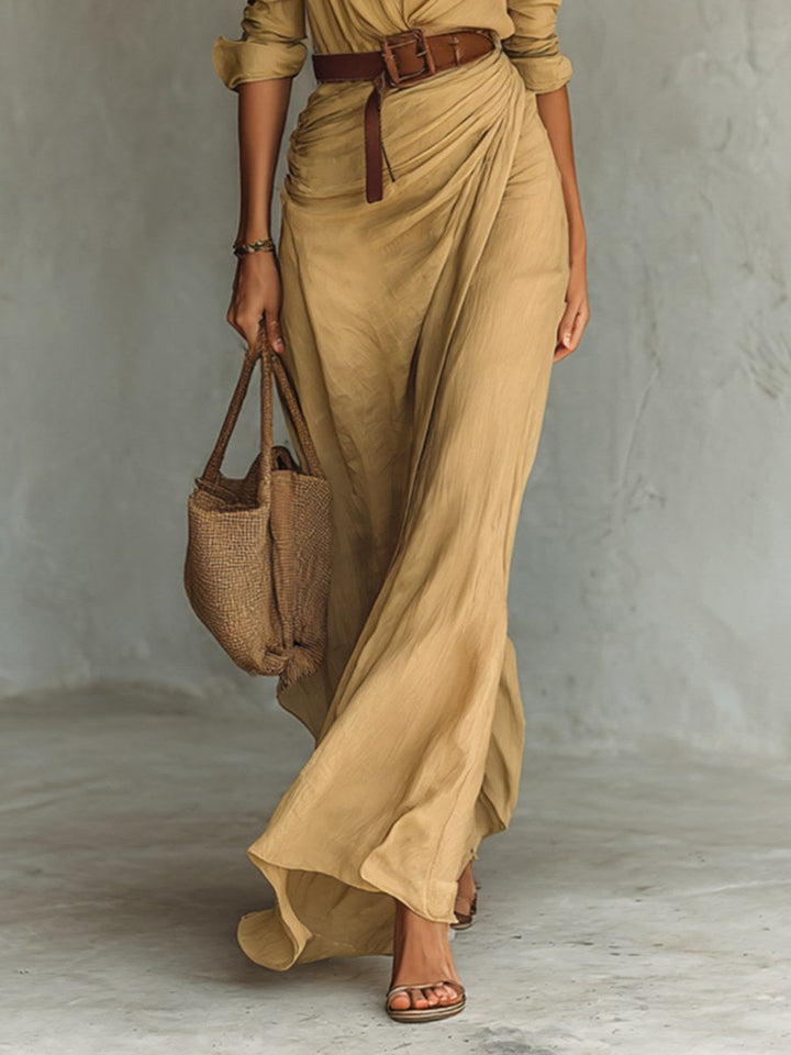 Claire | Women's Belted Long Sleeve Maxi Dress - White