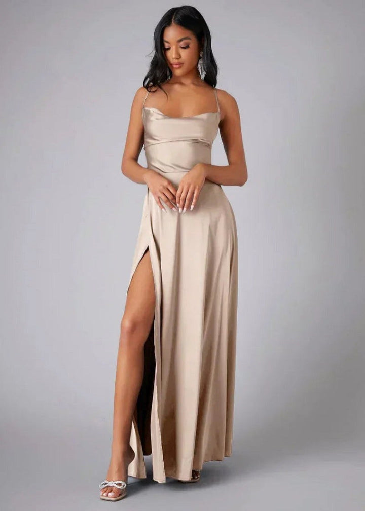 Claire | Women's Satin Maxi Gown with High Slit - Beige
