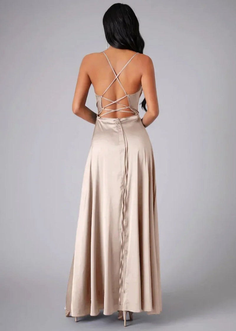 Claire | Women's Satin Maxi Gown with High Slit - Groen