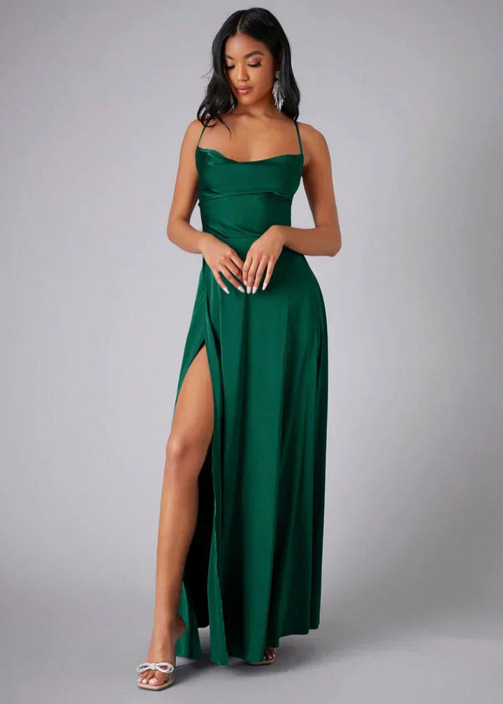 Claire | Women's Satin Maxi Gown with High Slit - Blauw